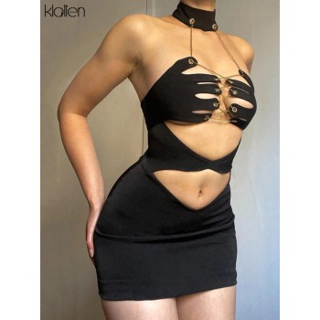 Women Dress Fashion Sexy Hollow Out Chain Halter Solid Black Skinny Stretch Mini Bodycon